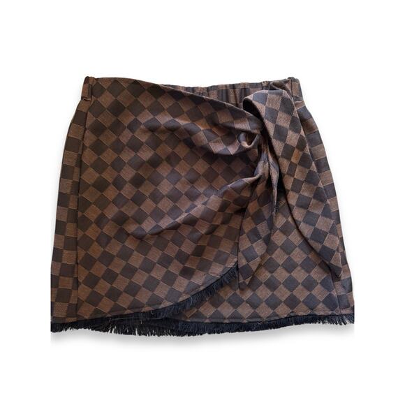 Judith March Check Mate Brown Plaid Fringe Jacquard Wrap Skirt Size S - Picture 1 of 7